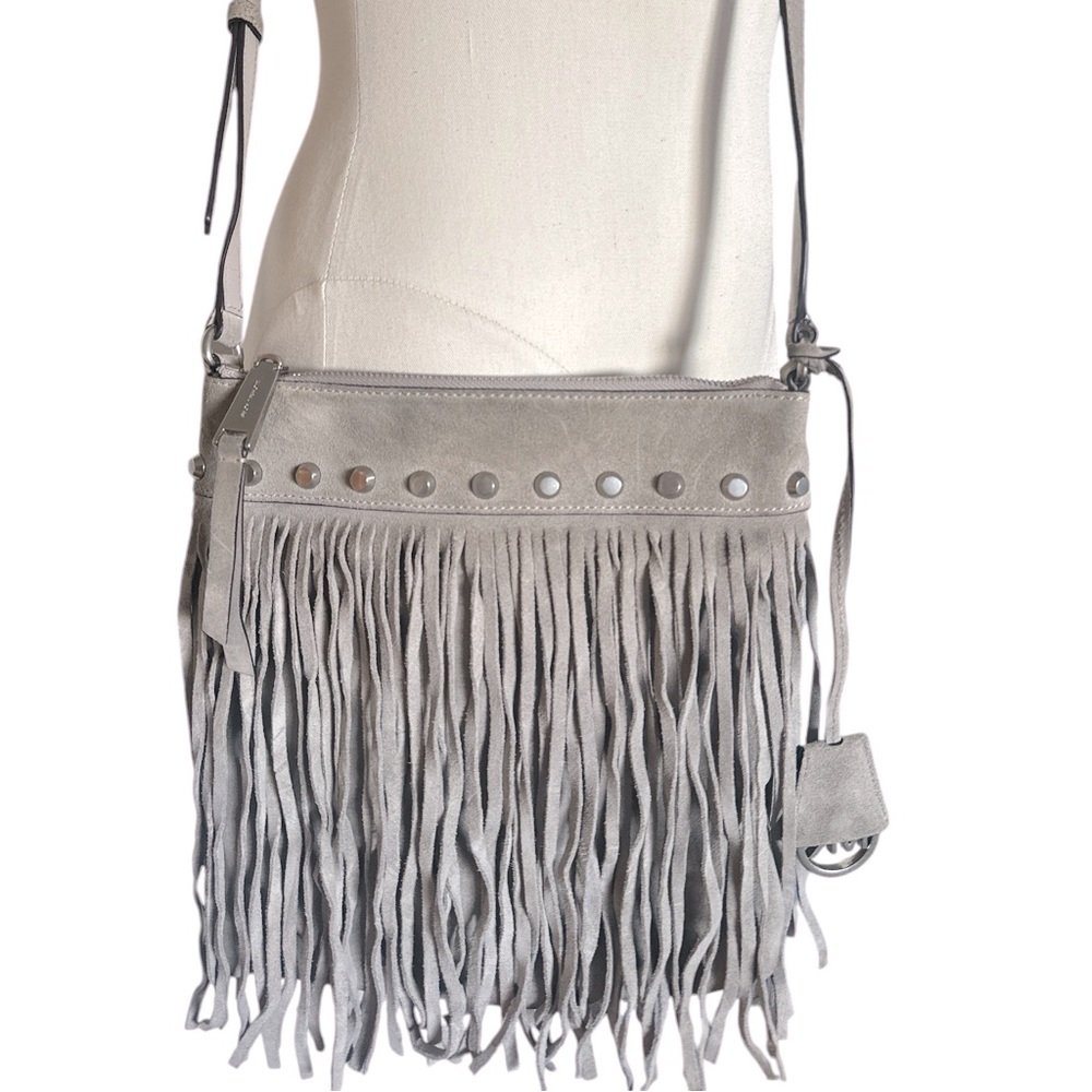 Michael Kors Billy Fringe Crossbody Gray Leather Studs
